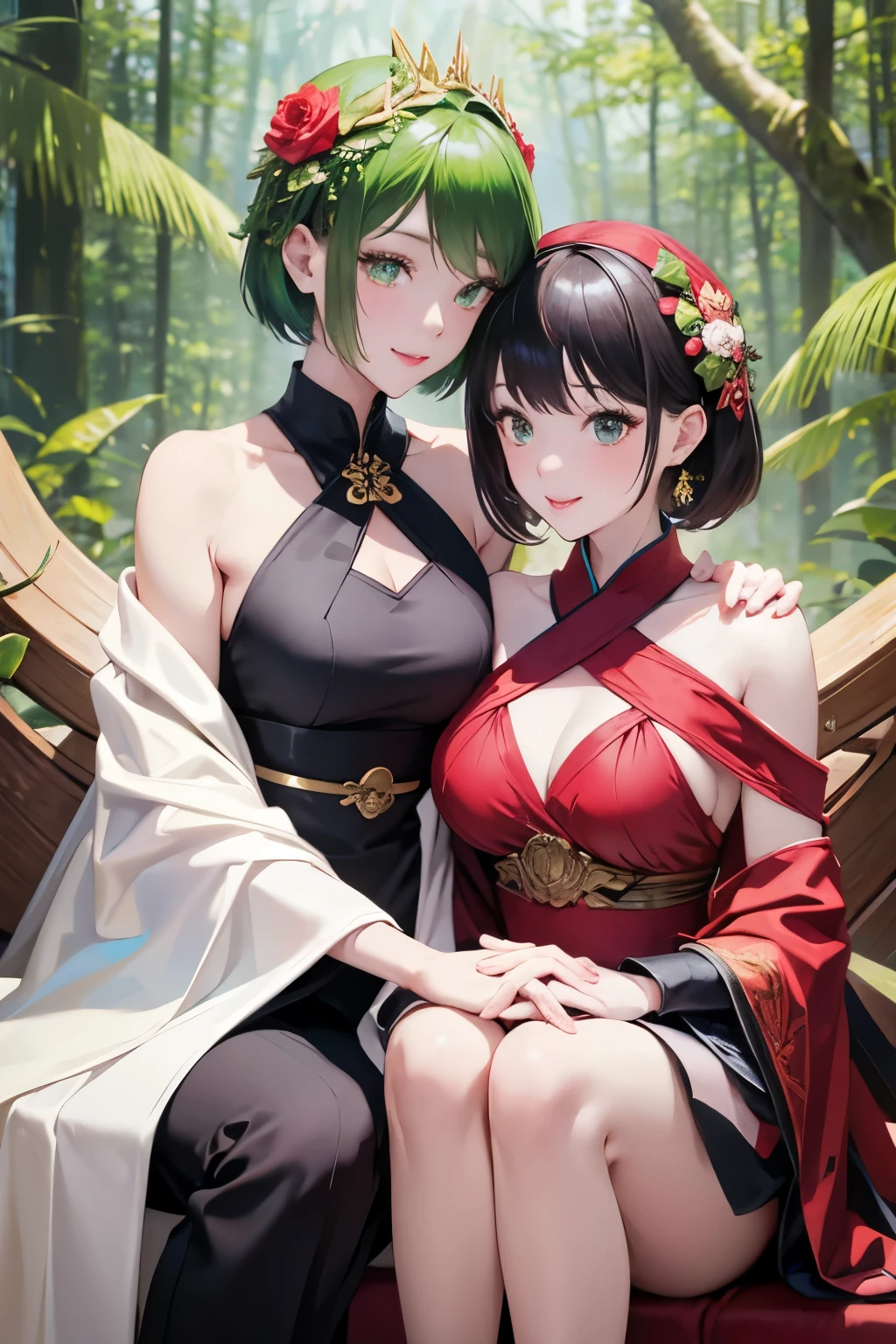  Two young Taiwanese women leaning on each other ，In a mysterious forest。 Short hair ，Smile，braid。 One is a female dancer One and another is a Jade Dragon Knight 。 A female dancer wearing a green silk thin strap deep v dance dress ，Wreath on her head ， surrounded by twinkling points of light 。 Next to a female knight wearing a silver female low chest v armor，Handheld shotgun ， The gaze fixed on the front 。 behind a giant emerald dragon ， dragon scales glinting in the sun 。