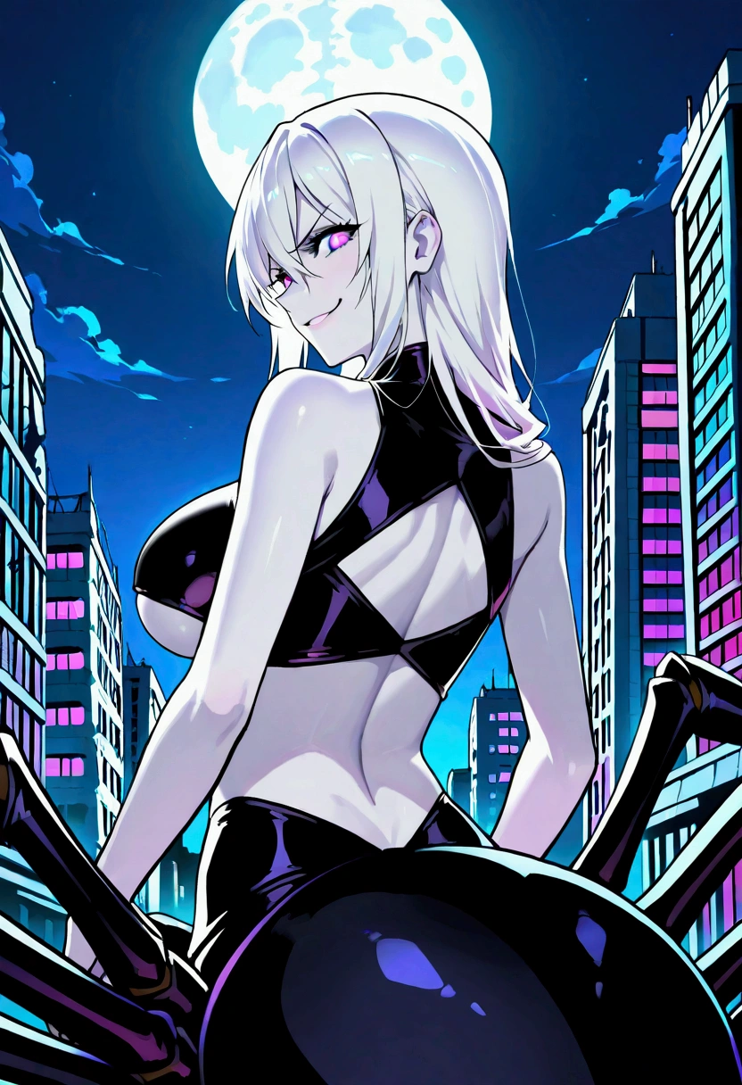 score_9,score_8_up,score_7, source anime, BREAK,1 girl, solo, spider girl, arthropod girl, pale white skin, white long hairs, demon_red-eyes, black clothes, revealing top skinsuit shoulder-less sleeveless shirt, underboobs, big large breasts, black arachnid taur, black spider abdomen, midriff, night sky, post-apocalypse, crumbling city on background, late night, moon, dark alleyway, detailed face, frustrated, angry face, evil grin, evil smile, vicious, sexy, beautiful face, flawless face, detailed eyes, large eyes, beautiful girl, looking at the viewer, half-length portrait, close-up, from behind, back, rear back,