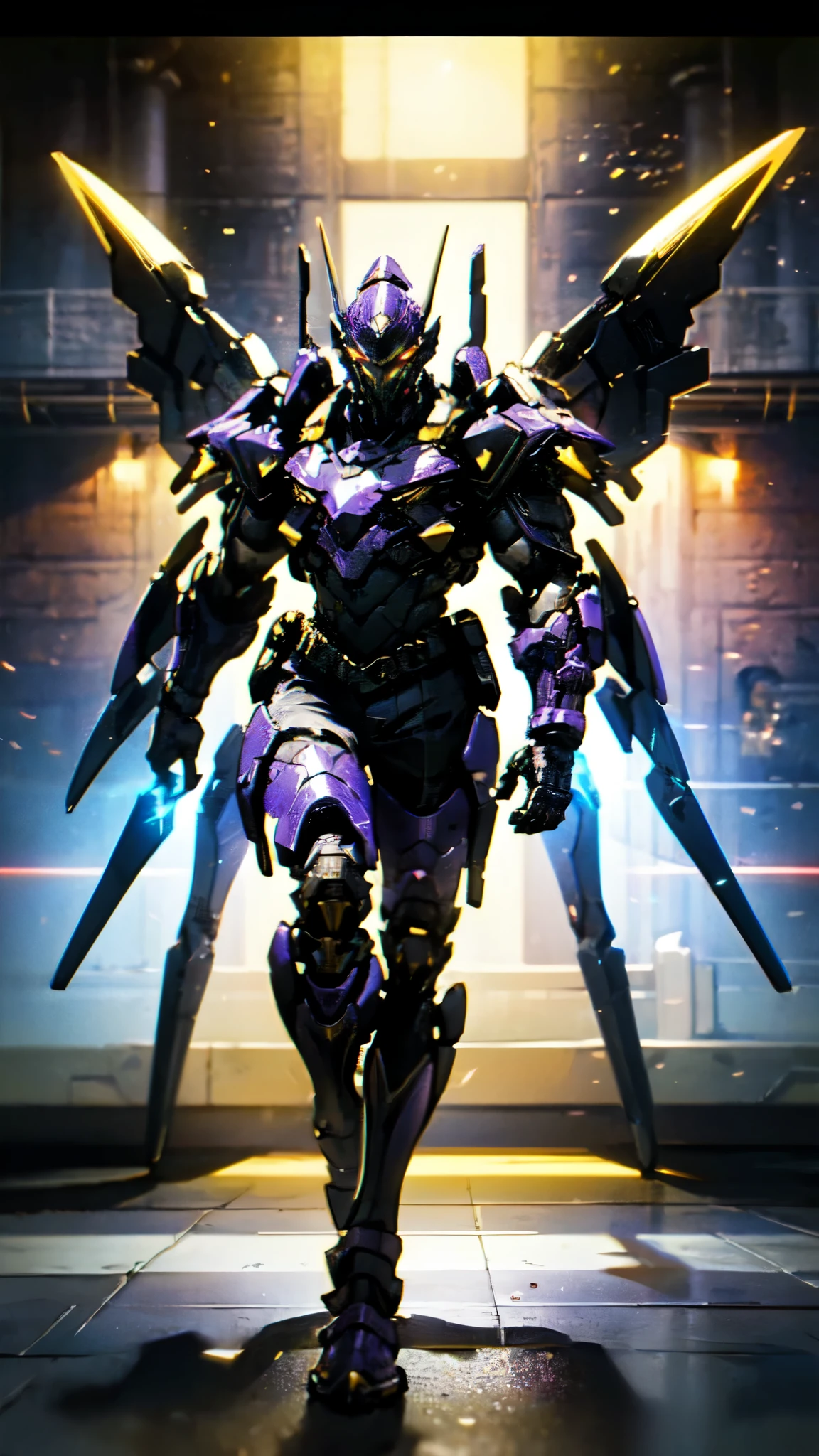 (masterpiece:1.5, best quality:1.5, extremely delicate:1.5), ((male:1.5)), a man wearing a full-face helmet, high-tech biomimetic armored combat suit, (a composite layered chest armor), the design balances heavy with agility, fully enclosed shoulder guards, matching arm and leg guards, a belt of gemstone, (the color scheme is primarily Purple with Yellow and Red accents, Organic Biotech, Concept Inspired by Vampire, glowing eyes, armor glows, huge cloak like devil wings, blood), stand of a futuristic sci-fi city, this character embodies a finely crafted fantasy-style armored hero in anime style, exquisite and mature art style, metallic, high definition, highres, ultra-detailed, ultra-fine painting, professional, perfect body proportions, golden ratio, anatomically correct, symmetrical face, extremely detailed eyes and face, high quality eyes, creativity, RAW photo, UHD, 32k, Natural light, cinematic lighting, (masterpiece-anatomy-perfect:1.2)