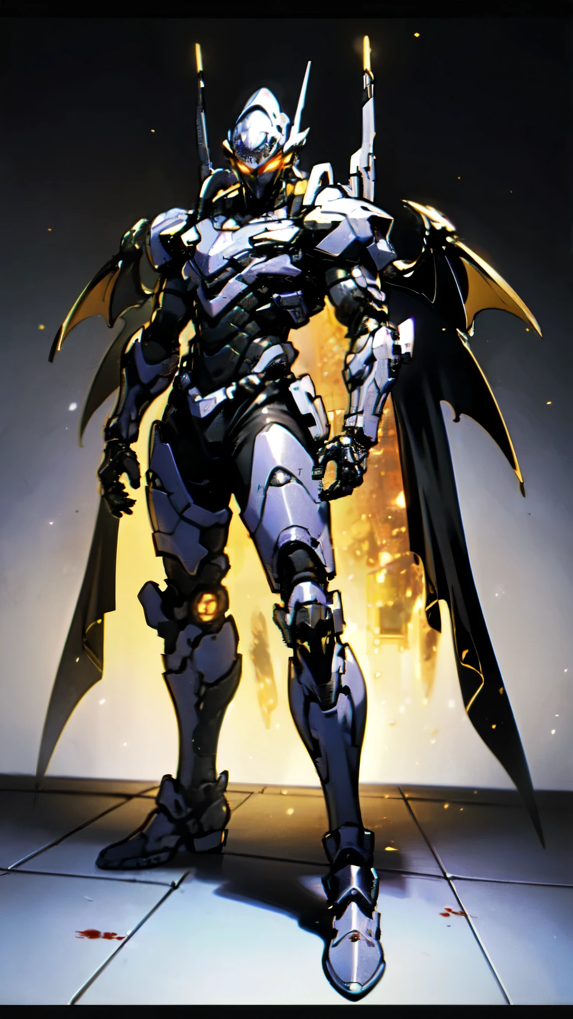 (masterpiece:1.5, best quality:1.5, extremely delicate:1.5), ((male:1.5)), a man wearing a full-face helmet, high-tech biomimetic armored combat suit, (a composite layered chest armor), the design balances heavy with agility, fully enclosed shoulder guards, matching arm and leg guards, a belt of gemstone, (the color scheme is primarily Purple with Yellow and Red accents, Organic Biotech, Concept Inspired by Vampire, glowing eyes, armor glows, huge cloak like devil wings, blood), stand of a futuristic sci-fi city, this character embodies a finely crafted fantasy-style armored hero in anime style, exquisite and mature art style, metallic, high definition, highres, ultra-detailed, ultra-fine painting, professional, perfect body proportions, golden ratio, anatomically correct, symmetrical face, extremely detailed eyes and face, high quality eyes, creativity, RAW photo, UHD, 32k, Natural light, cinematic lighting, (masterpiece-anatomy-perfect:1.2)