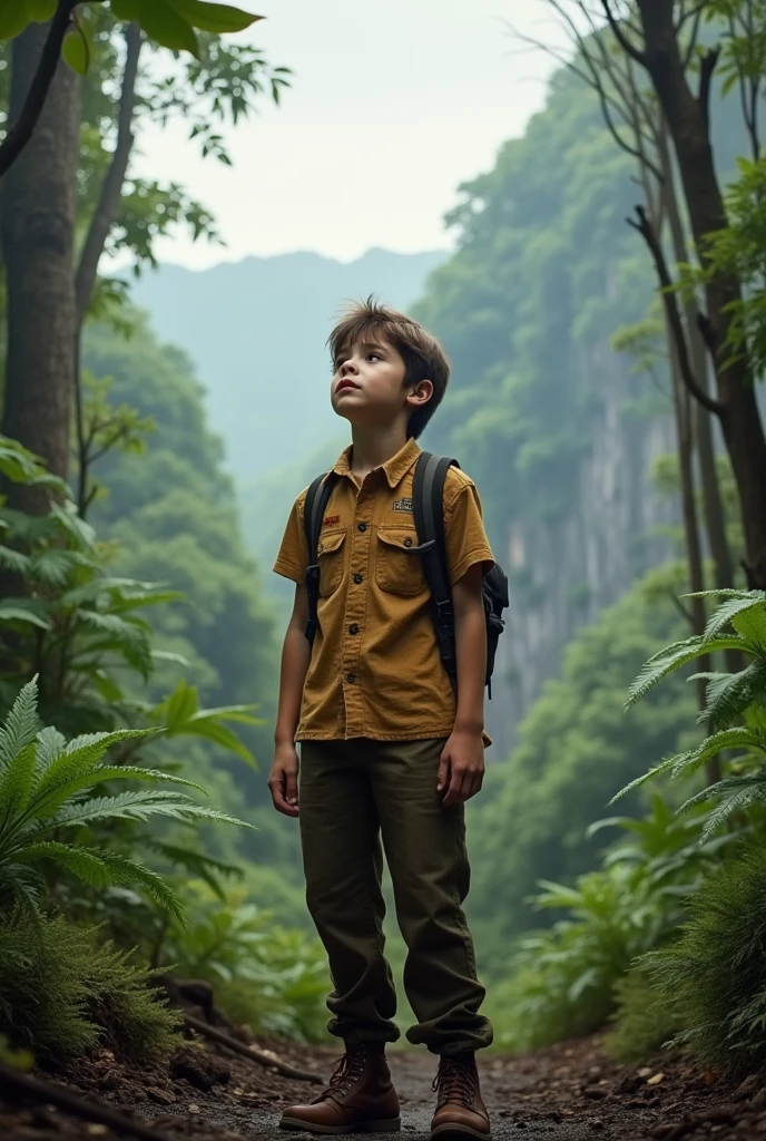 Imagem de um menino em frente a uma camionete do jurassic park em formato Pixar, He's an explorer, He's outgoing, Playful and gets up for a lot of things, cabelo curto, Red scarf on arm