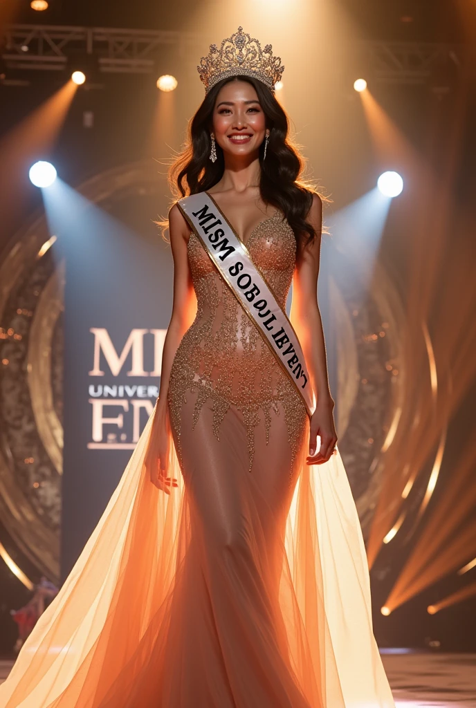 Miss Universe wear Evening gown at Stage and wear crown and sash Miss Universe 2027