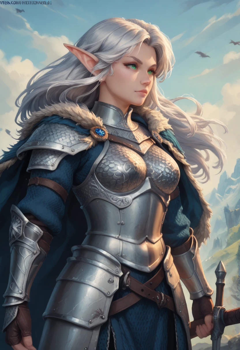 core_9, score_8_up, score_7_up, woman, green eyes, gorgeous, elf, fur outfit, black viking outfit, pale skin, solo, dark blue heavy armour, dark blue medieval armour, dark blue chainmail, mythril armour, elven ornaments, fur cloak, standing up straight, calm face, runic tattoos, silver hair, closed mouth, cowboy shot woman fighting, strong, wearing a sword , warrior, hair in the wind, big boobs, laufen, elf ears, long hair