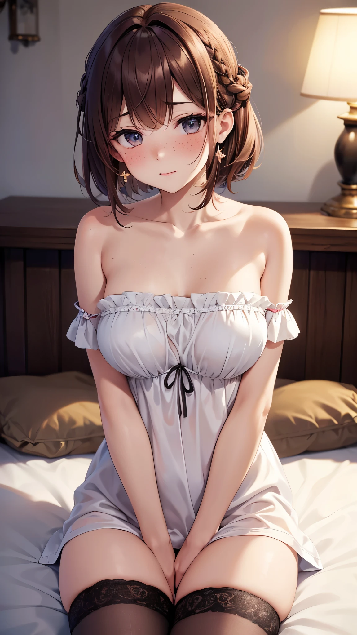 ((1 girl)), (nsfw:1.2), open,,shoulders exposed,crisp breasts exposed, clothes open, hand held clothes, torn open, chest tip exposed, (very detailed CG Unity 8k wallpaper), (masterpiece), (best quality), (super detailed), (best illustration), (best shadow), (realistic), (PureErosFace_V1:0.5), lens flare, (depth of field), (natural lighting), ultra-high resolution, (eye detail), charming smile , (brunet) , (((transparent nightdress))), (exposed chest), 18 years old, --auto --s2