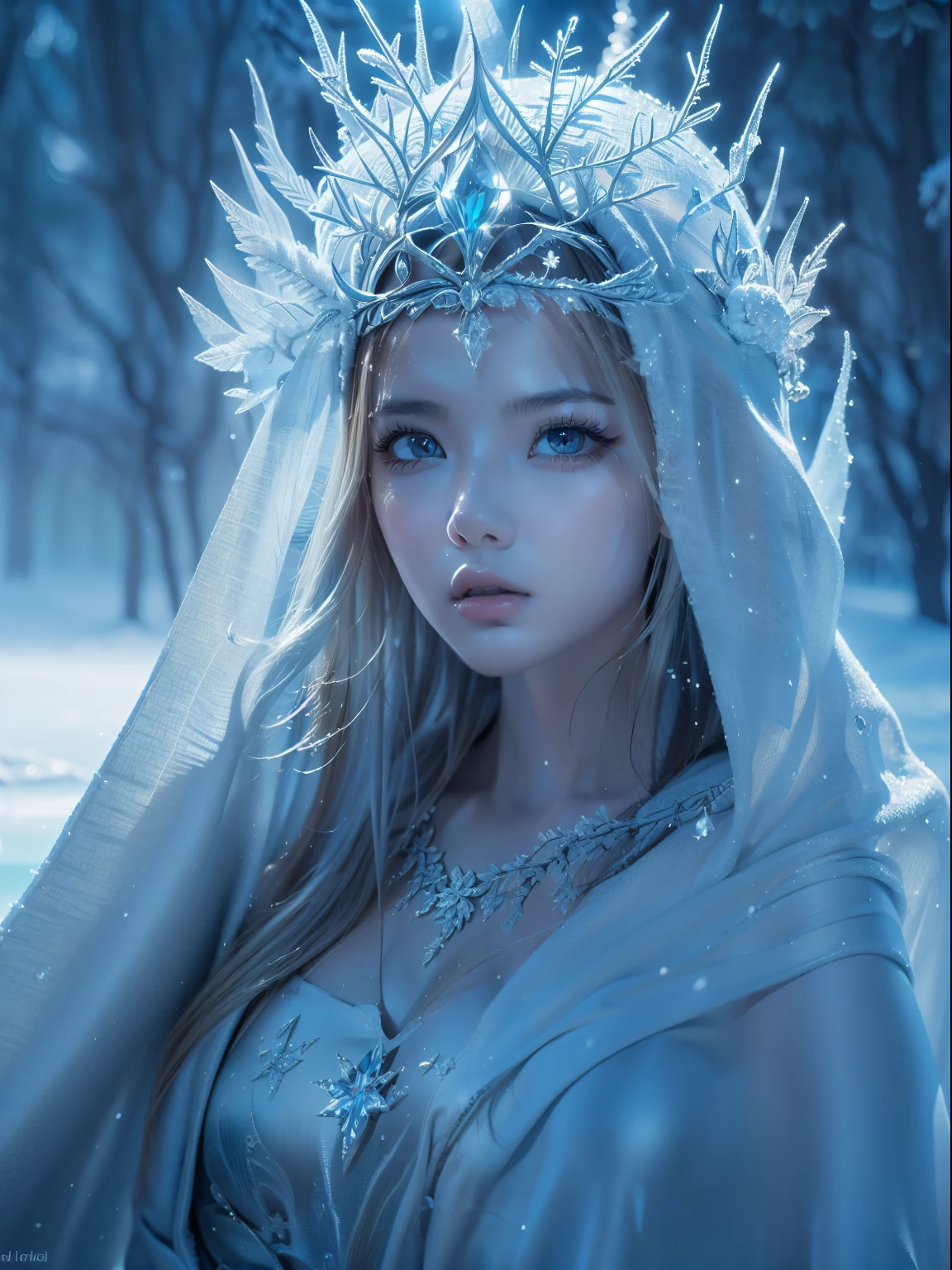 (best quality,4k,8k,highres,masterpiece:1.2),ultra-detailed,(realistic,photorealistic,photo-realistic:1.37),ice rime witch style,icy blue,sparkling snowflakes,frozen landscape,gown made of ice shards,mystical aura,magical ice crystals reflecting light,sharp and piercing gaze,frost-covered eyelashes,elegant and ethereal figure,ice crown on the head,delicate frost patterns on the skin,cold breath visible,icy gusts of wind swirling around,glowing ice magic in the hands,frozen branches reaching out,long silver hair shimmering like ice,eerie and haunting atmosphere,dark and mysterious forest background,moonlight casting an enchanting glow,aurora borealis dancing across the sky,alluring and powerful presence,subtle hints of ancient magic,unearthly beauty,glacial magic swirling around,crystal-clear ice palace,isolated and magical winter realm,frozen rivers and lakes,icy crystals forming intricate patterns,hooded cape flowing in the wind,elegant and graceful movements,icy spikes forming a protective barrier,snow-covered footsteps leading to the unknown,deep blue eyes shining with wisdom and power,chilling yet mesmerizing persona.