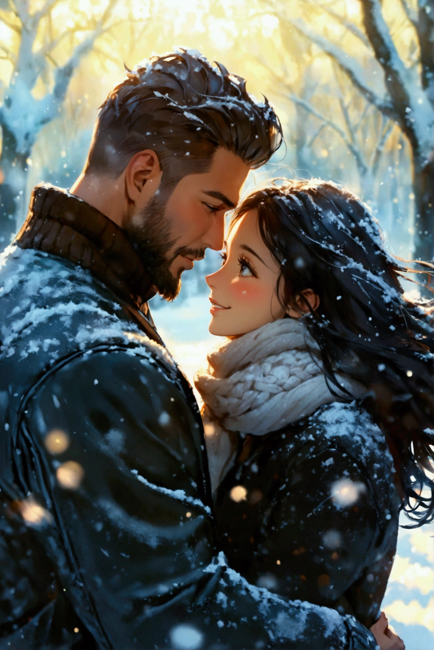 Create a scene of winter magic in which a happy couple is featured. An muscular Caucasian man in his thirties with short coiffed hair and with neatly groomed beard is dressed in a letterman jacket and jeans, while his beautiful Asian girlfriend in her twenties is wearing a wool sweater with a scarf in snow crystal print. She looks up at him with a gentle grin when her silky long black hair is flowing in the winter breeze. The touch of blush shows their happiness and strengthens this romantic scene of warmth, love and carefree joy. The background features a quiet medieval town while its snowy atmosphere is cozy. height difference couple, (interracial couple), beautiful eyes, couple shot, male with beard, natural expression, blush, (wide view), lovers, soft natural lights, add_detail:1, add_detail:0, add_detail:0.5