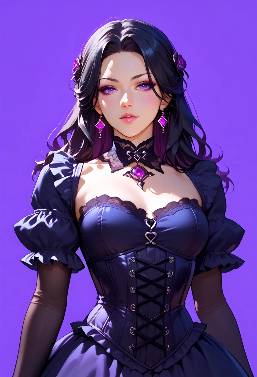 Hoshino Ai, long hair, purple hair, streaked hair ,purple eyes, star-shaped pupils, hair ornament, in a corset-style mini dress with statement sleeves