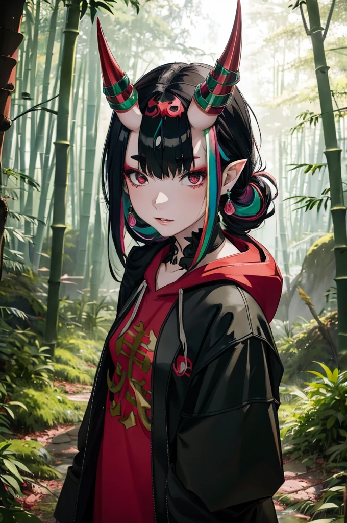 an anime female character with horns wearing red outfit in a forest setting, 1girl, solo, horns, black hair, forest, pointy ears, looking at viewer, earrings, jewelry, nature, red eyes, hood, bamboo, colored inner hair, long hair, bamboo forest, multicolored hair, hood down