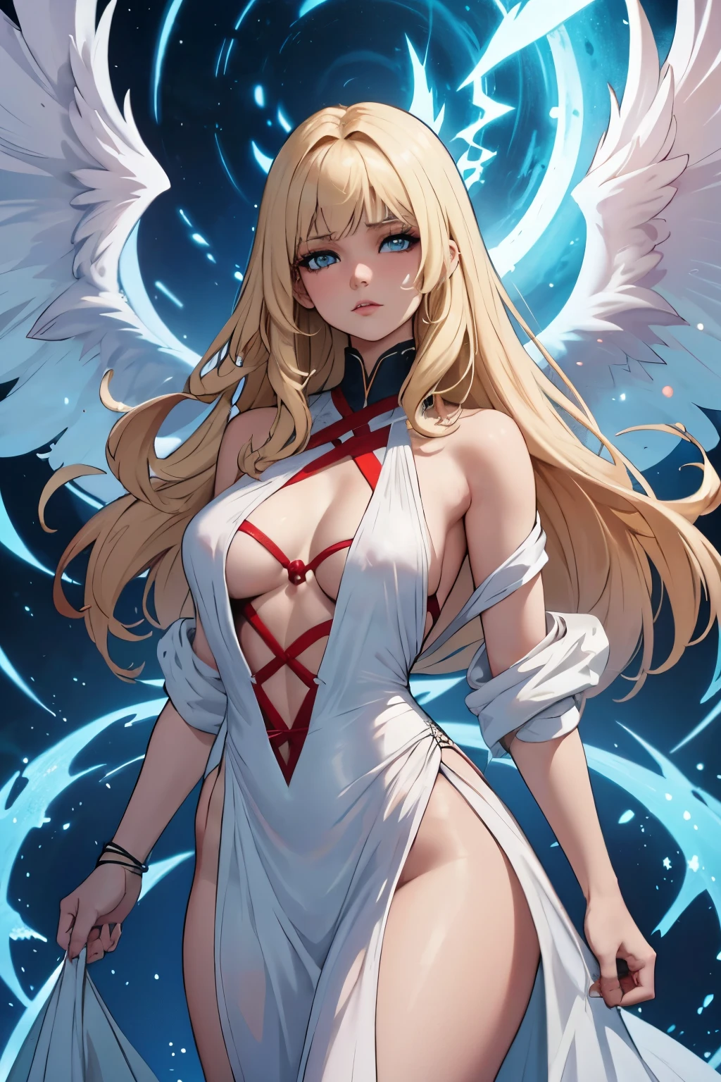  The character portrayed in the image appears to be a heavenly figure , possibly an angel.  It has long white wings that suggest her supernatural nature . Her hair is long and light ,  probably in shades of blonde ,  and wraps around her face in an ethereal manner .

 The clothing is predominantly white ,  with a style that mixes fantasy elements and a touch of fragility .  The character wears red stripes that add visual contrast to her appearance ,  suggesting a darker or more dramatic aesthetic .

Her pose , with arms tied,  can convey a sense of vulnerability or imprisonment ,  which contrasts with the image associated with angels ,  who are generally seen as free and protective beings .  The soft lighting and dark background highlight her figure ,  creating a mystical and intriguing atmosphere . 

 The combination of all these elements contributes to a rich visual interpretation,  filled with symbolism and emotion .