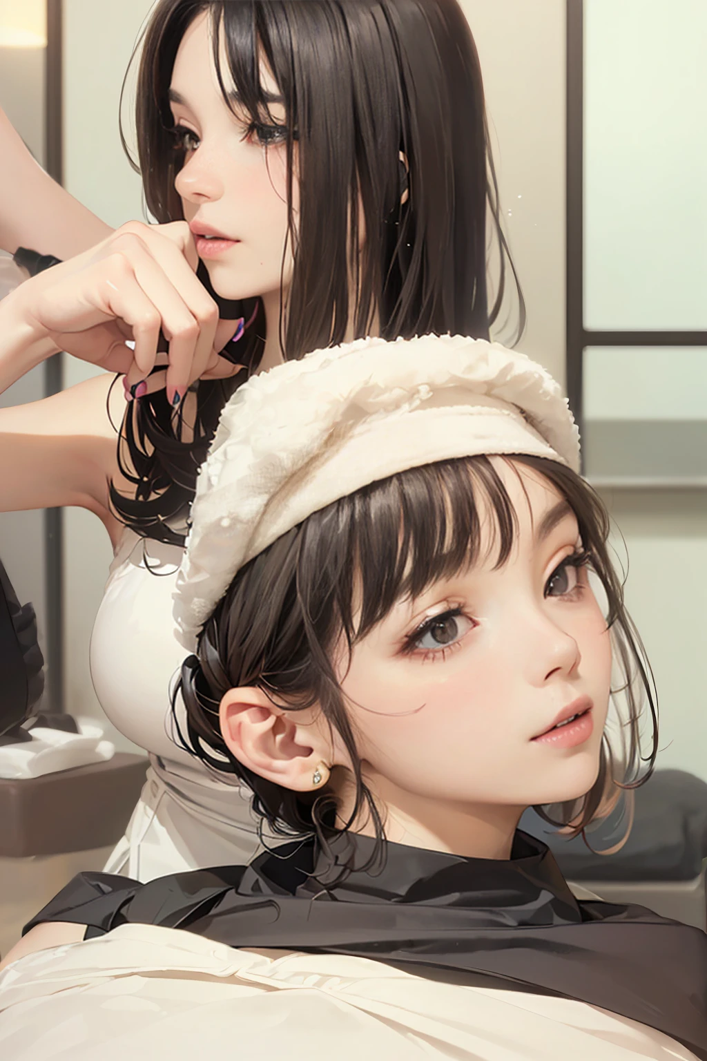 there is a woman that is brushing her hair in the mirror, Realistic anime 3 d style, 3 d anime realistic, Smooth anime CG art, photorealistic anime, trending on cgstation, photorealistic anime girl rendering, Guviz-style artwork, anime styled 3d, Anime style. 8K, anime realism style, hyper realistic anime