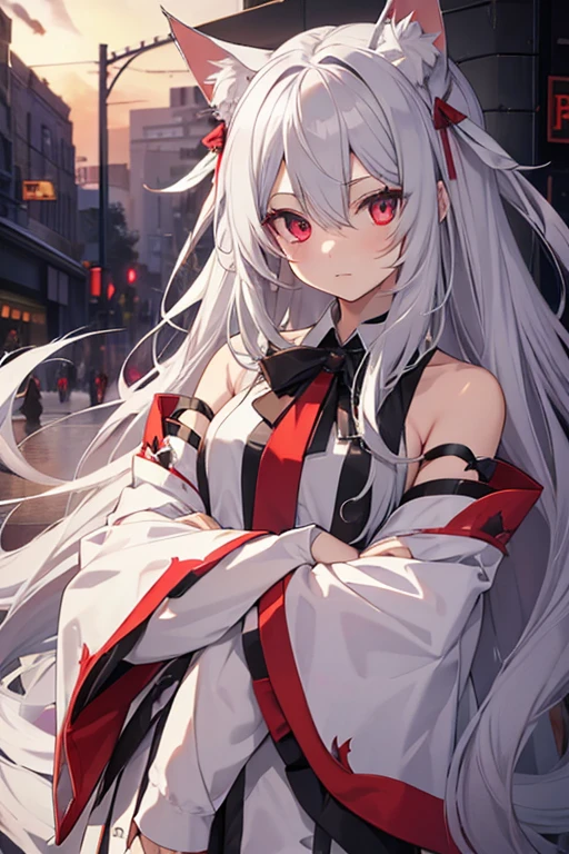 (High Definition:1.3), (Professional Photography:1.2), (very aesthetic:1.2), (absurdres:1.2), (sharp focus), (perfect light), catgirl , silvery long white hair, fiery red eyes, black cat ears, black swaying tail, voluptuous figure, small  breasts, (giant black tank bra), red windbreaker jacket,  shy-seductive face, seductive allure, endearing formidable, street, Tokyo, wall, laying on the wall, crossed arms, (Anime:1.3), cowboy shot, ((Masterpiece)), ((best quality)), (super detail:1.2)