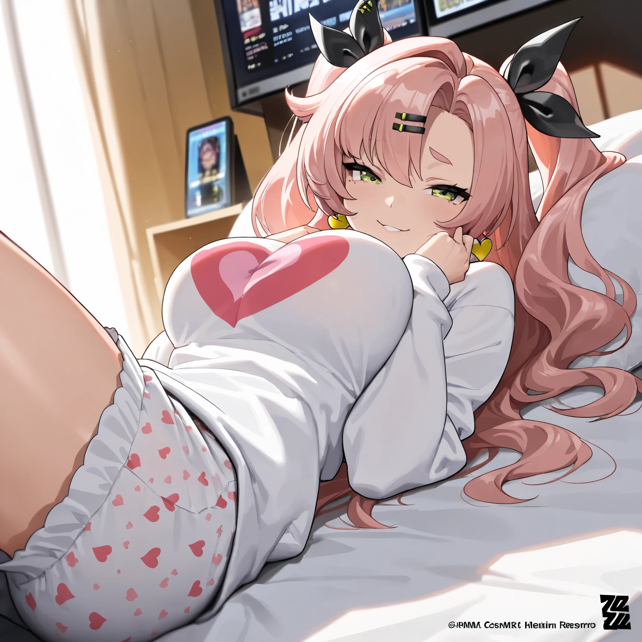 zenless zone zero, nicole demara, medium pink hair, large breasts, wavy hair, two-side up, light green eyes, seductive smile, ((heart print pajama)), bomp, solo beautiful woman, lying, lying on back on bed, pillow, indoors, Video shop bedroom, (best quality,4k,8k,highres,masterpiece:1.2),ultra-detailed,intricate details, high fashion, dramatic lighting, warm colors, chiaroscuro