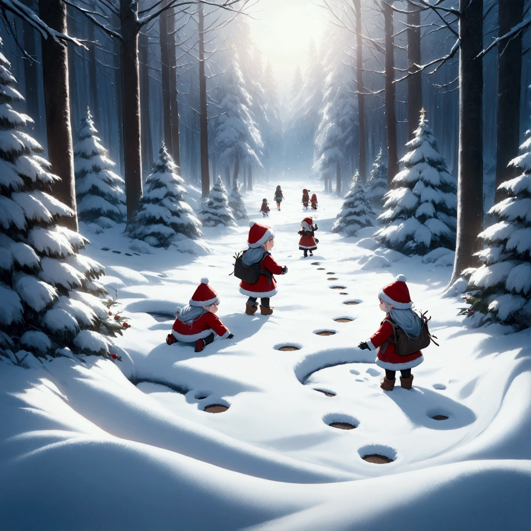 6+girls\(Cute, chibi, fairy elf, living on the snow\), in the Christmas forest, (Lots of footprints). BREAK .quality\(8k,wallpaper of extremely detailed CG unit, high resolution, top-quality, top-quality real texture skin, hyper realistic, increase the resolution, RAW photos, best quality, highly detailed, the wallpaper, golden ratio, high saturation realism, vibrant colors, dramatic lighting, persuasive storytelling, atmospheric scenery, captivating visuals, intricate details, strong emotions, dreamlike world\),landscape,,from above