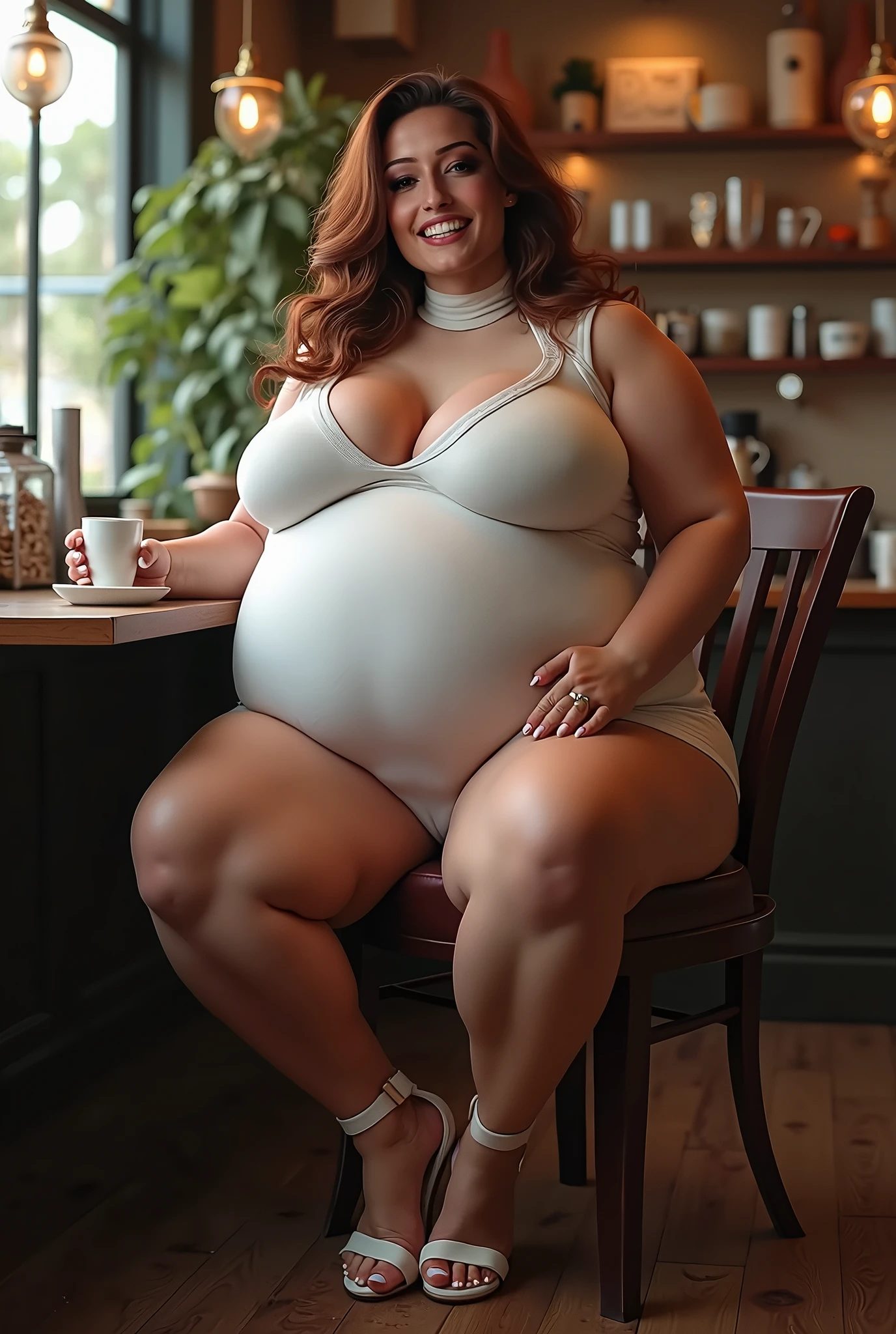 A happy photo of a young beautiful redhead bbw barista with long wavy ginger hair soft fat belly, wide fat obese hips, thick fat legs and fat arms, cute pretty face, small breasts, blue eyes, freckles, in full covering barista clothes, serving coffee in a coffee shop