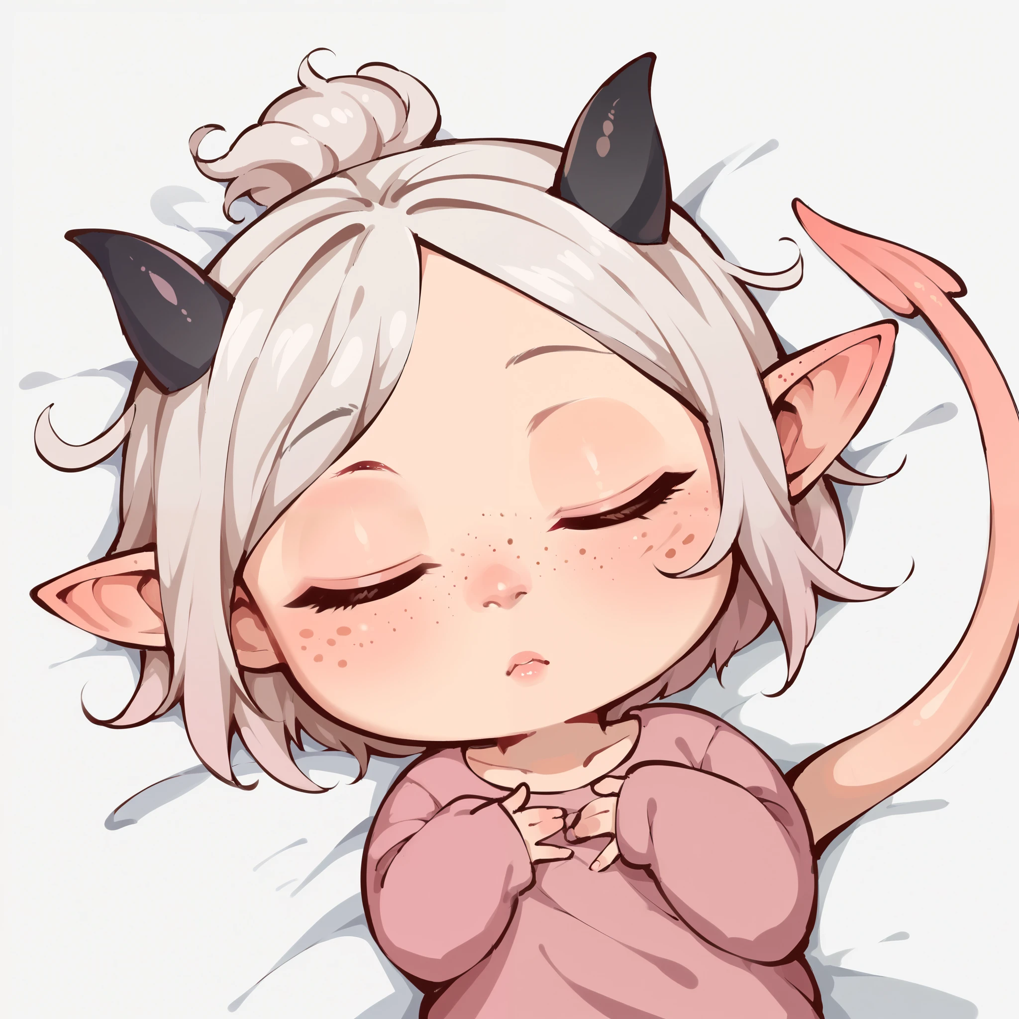 score_9, score_8_up, score_7_up, score_6_up, sw4p, a cute Tiefling newborn, extreme pov from above,  tiny tiefling, 1 yo, soft sleeping expression, closed eyes, freckles, sleeping in a simple white background, tiny tiefling horns, tiefling tail, simple background, baby features, toddler features