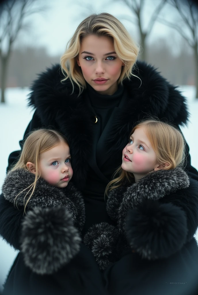 10 year old girl Russian child with long hair BLONDE, PORTRAIT, BLACK FUR COAT, ICE, ICE, LOTS OF ICE,