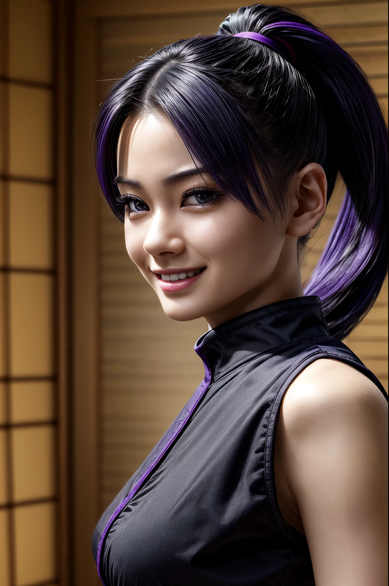 masterpiece, best quality, extremely detailed, hyperrealistic, photorealistic, a beautiful japanese 20s model, ultra detailed face:1.2, ponytail, black ninja uniform:1.1, blue purple hair, busty breasts, smiling, japanese style room
