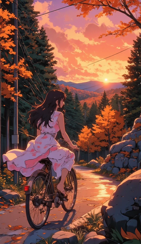  A beautiful young Japanese woman .
 black hair, knee-length . 
Wearing a white and pink dress , fluttering.
 Is riding a bike on a trail in the pine forest.
 Autumn leaves fall from the trees . 
 A shimmering sunset , obfuscating,  orange gradient , pumpkin, lilac, vivid colors.
 A sun with sunbeams that cross the trees .
32K, HDR, UHD, Intricate detail. 