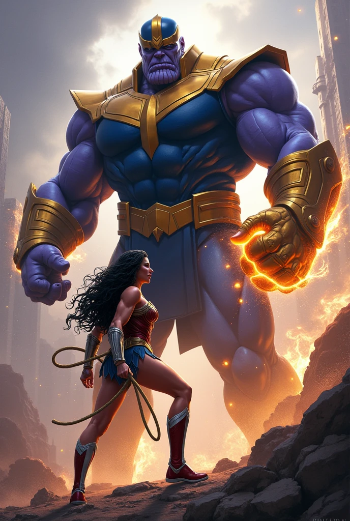 Wonder Woman ripping off Medusa's head in the background Catwoman turned to stone