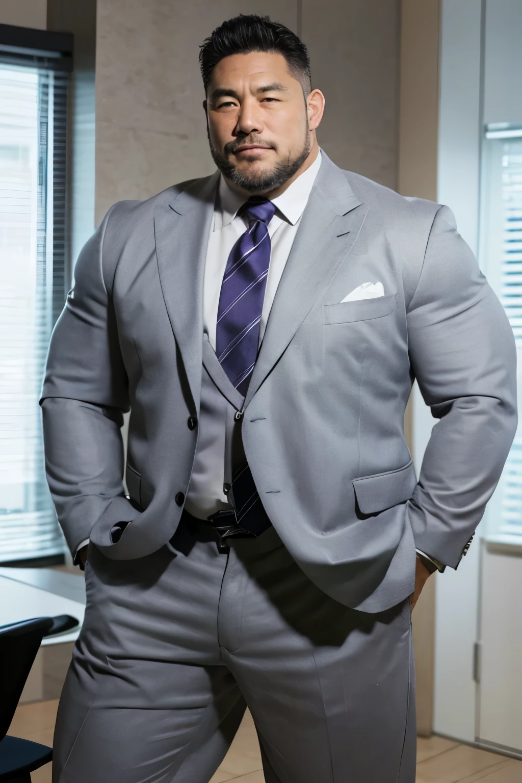 (upper body),Japanese male, solo, Fat muscler Japanese man in a white suit, whole body,look at viewer, in the office, Thick legs, kind expression,friendly Attitudes,Thick arms, Very short grey hair, Very short grey goatee, Grey jacket, Grey trousers, Long trousers,Black enamel loafer, Tight suspension, light purple tie, tight shirt, Huge nice bulge, Shirt tucked into pants, A very good rugby player, 60 years old, Grey jacket and trousers, fatty muscler body, Good rugby player, big bluge, grey hair,realistic