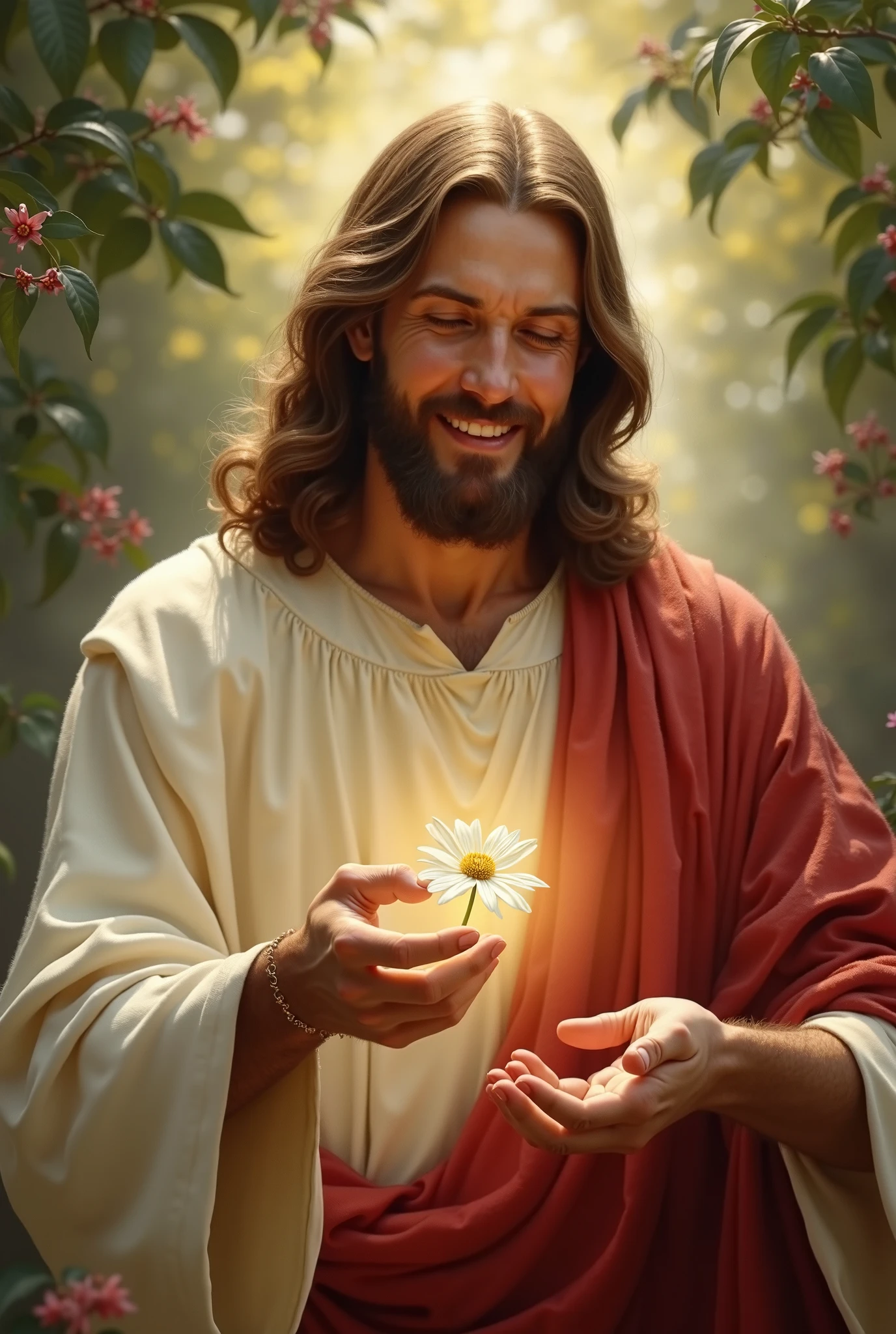 Jesus holding a daisy flower in his hand and smiling - SeaArt AI