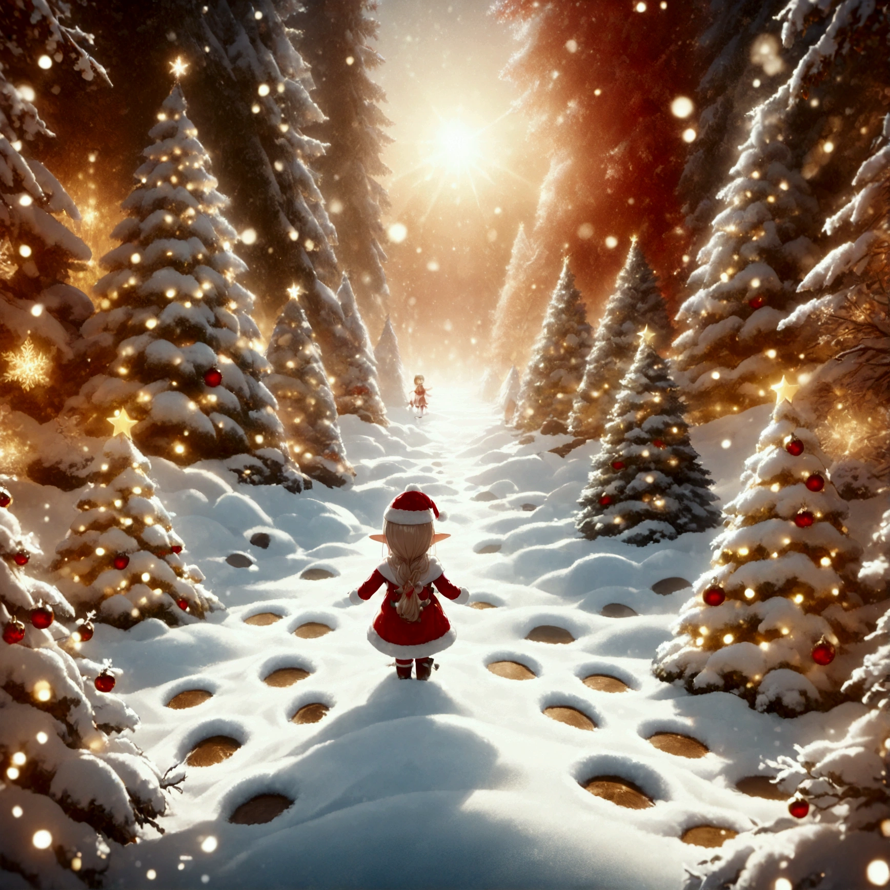 6+girls\(Cute, (chibi:1.3), fairy elf, living on the snow\), in the (Christmas:1.3) forest, ornaments, (Lots of footprints). BREAK .quality\(8k,wallpaper of extremely detailed CG unit, high resolution, top-quality, top-quality real texture skin, hyper realistic, increase the resolution, RAW photos, best quality, highly detailed, the wallpaper, golden ratio, high saturation realism, vibrant colors, dramatic lighting, persuasive storytelling, atmospheric scenery, captivating visuals, intricate details, strong emotions, dreamlike world\),landscape,,(from above:1.3)