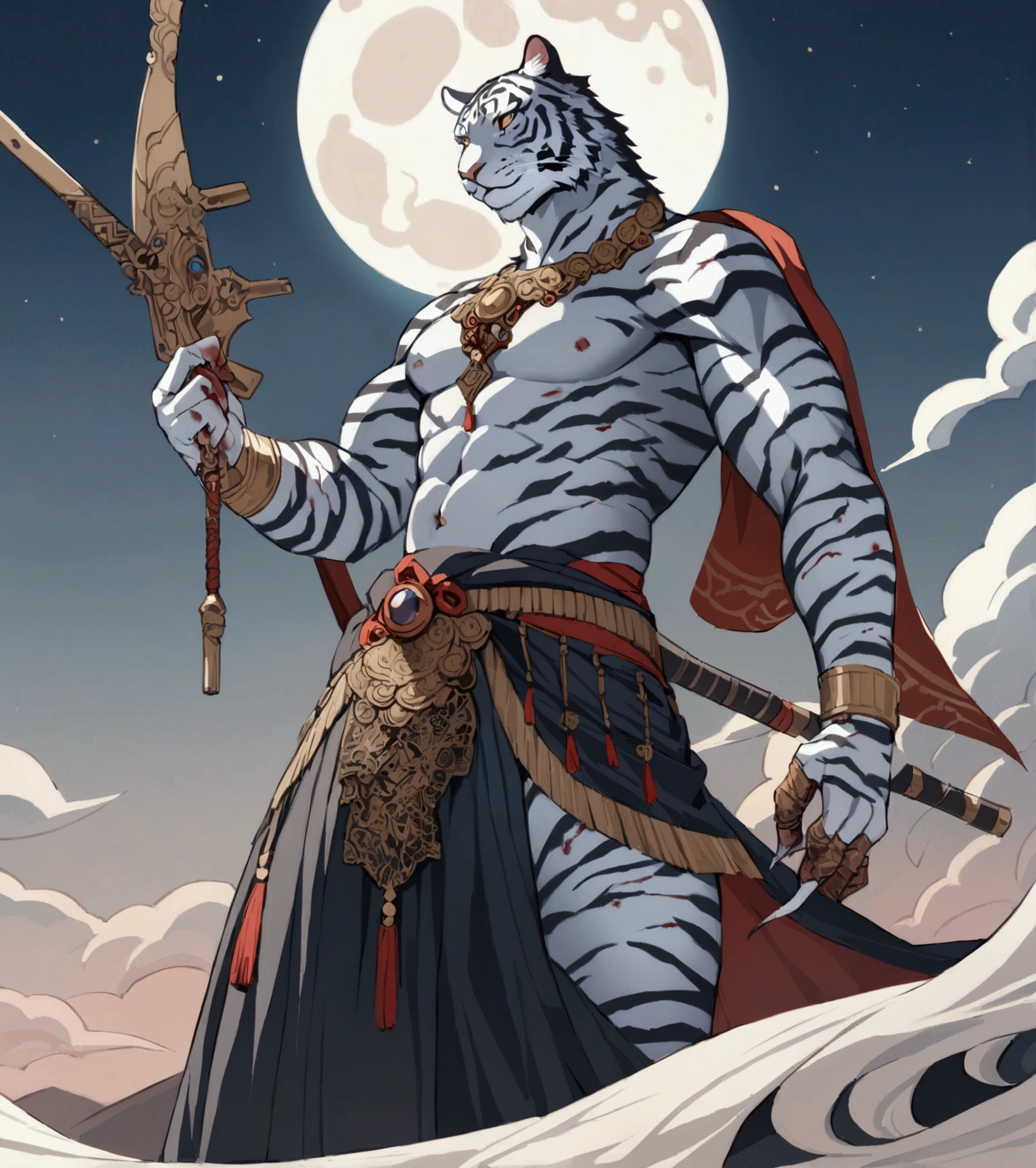 Anime character tiger with white fur and red eyes and black clothes sitting on a dark throne holding a sword
