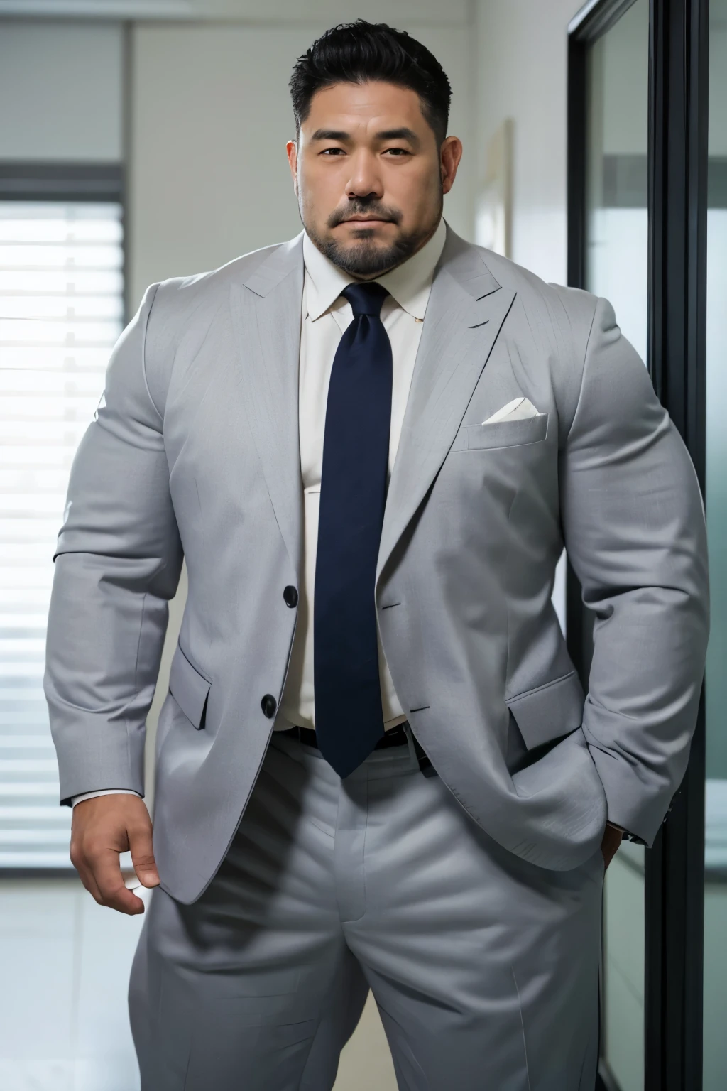 (upper body),Japanese male, solo, Fat muscler Japanese man in a white suit, whole body,look at viewer, in the office, Thick legs, sad expression,friendly Attitudes,Thick arms, Very short grey hair, Very short grey goatee, Grey jacket, Grey trousers, Long trousers,Black enamel loafer, Tight suspension, light purple tie, tight shirt, Huge nice bulge, Shirt tucked into pants, A very good rugby player, 60 years old, Grey jacket and trousers, fatty muscler body, Good rugby player, big bluge, grey hair,realistic