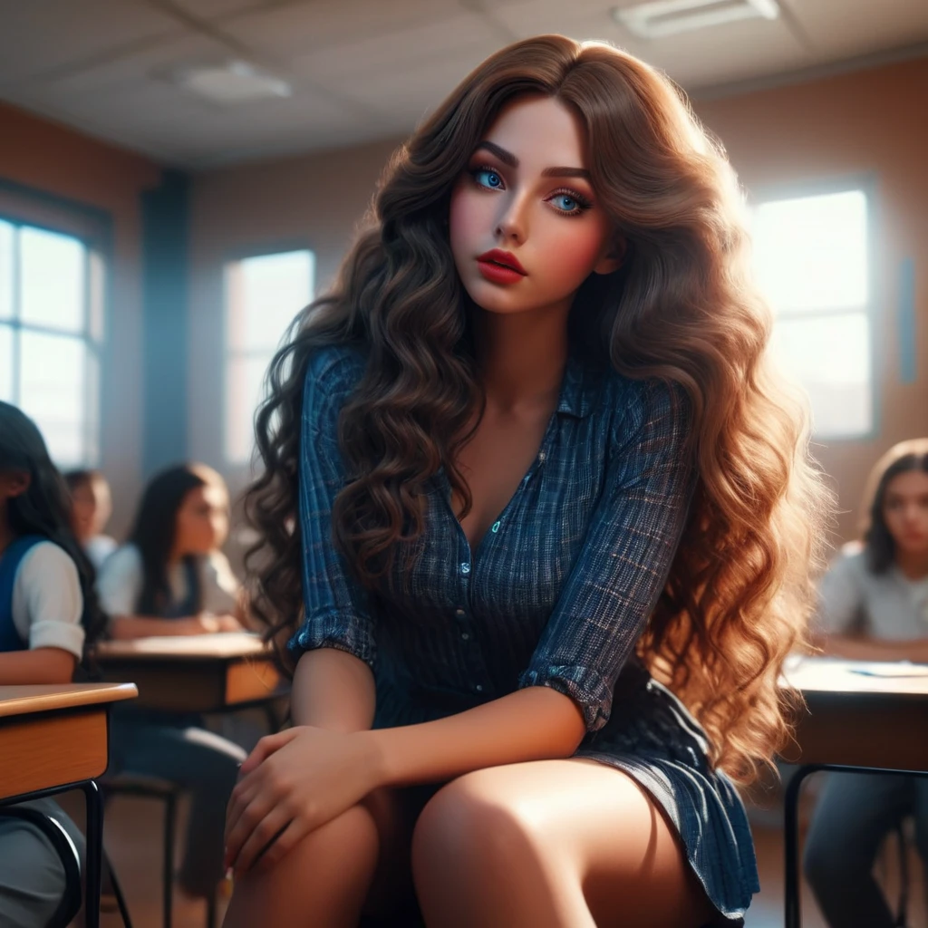 giantess girl sit in classroom, giant body overfill the space, detailed face, beautiful eyes and lips, flowing hair, photorealistic, 8k, masterpiece, cinematic lighting, dramatic shadows, vibrant colors, hyper realistic, dynamic pose, intricate details, dramatic camera angle