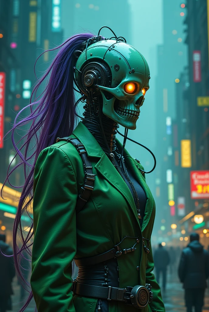 Magic style, cyborg, exosuit, mech, futuristic, a futuristic cityscape at night. The background is filled with neon signs and buildings, giving the impression of a bustling city. In the center of the image, there is a large robot-like figure with a skull-like appearance. The figure is wearing a green suit and has long purple hair that is flowing in the wind. The robot's head is covered in wires and cables, and its eyes are glowing yellow. The overall color scheme is vibrant and futuristic, with a mix of blues, greens, and yellows. The image has a dark and eerie feel to it, Strained Angel in Cyberpunk Mech Armor, In a cybernetic garden, cinematic film still pointillism style dark art by Richard M. Powers, fantasy art by Alan Lee, vibrant, fantasy art, detailed, atmospheric, Tolkien-inspired, Science fiction art, surreal, atmospheric . composed entirely of small, distinct dots of color, vibrant, highly detailed . shallow depth of field, vignette, highly detailed, high budget, bokeh, cinemascope, moody, epic, gorgeous, film grain, grainy