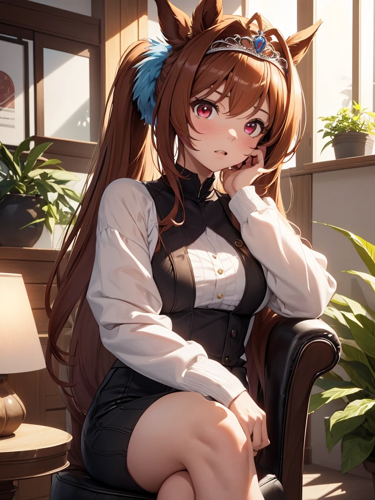 (best quality:1.2,masterpiece:1.2),solely,1girl,serious,beautiful detailed eyes,beautiful detailed lips,extremely detailed eyes and face,long eyelashes,Miku Nakano,looking at the viewer,hand on face,sitting,crossed legs,button-up shirt,tied-up skirt,stockings,thick thighs,big breasts,illustration,ultra-detailed,realistic:1.37,professional,portrait,vivid colors,soft lighting