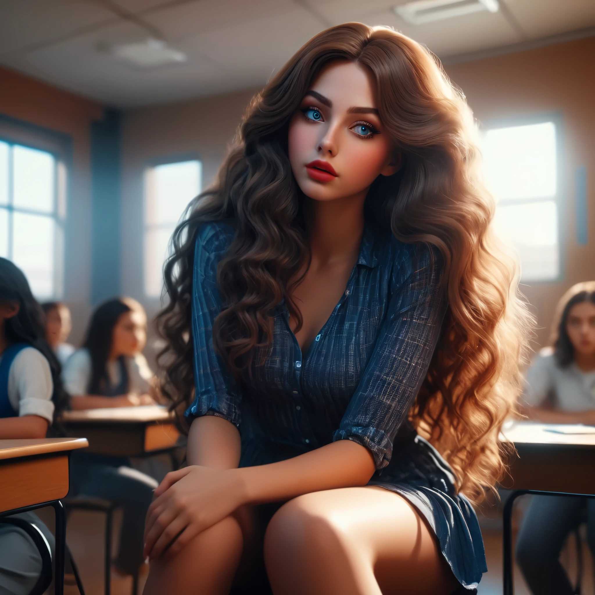 giantess girl sit in classroom, giant body overfill the space, detailed face, beautiful eyes and lips, flowing hair, photorealistic, 8k, masterpiece, cinematic lighting, dramatic shadows, vibrant colors, hyper realistic, dynamic pose, intricate details, dramatic camera angle