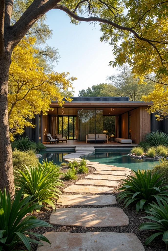 O lugar é pequeno, mas encantador, abraçando o charme do campo com a elegância do contemporâneo. A entrada é marcada por um caminho de pedras ladeado por ipês-amarelos e roxos, que formam um túnel natural quando floridos. O edifício principal é moderno, com grandes janelas de vidro que deixam o interior se misturar com a paisagem. Suas paredes combinam madeira clara e aço corten, criando uma atmosfera aconchegante e sofisticada.
Logo ao lado, o lounge exala conforto: sofás em tons neutros, uma lareira suspensa e mesas de centro de madeira rústica criam um espaço perfeito para relaxar. O chão é de concreto polido, refletindo a luz natural que entra pelas enormes janelas.
Do lado de fora, o jardim é cuidadosamente planejado. Jacarandás e antúrios vermelhos e brancos se destacam entre bromélias, criando um contraste vibrante de cores. Pequenas trilhas serpenteiam pelo gramado, conduzindo aos chalés espalhados pela propriedade.
Os chalés são minimalistas, construídos com madeira clara e vidro. Cada um tem uma varanda privativa com uma rede e uma mesa pequena, onde os hóspedes podem aproveitar o café da manhã com vista para o jardim. Próximo aos chalés, jabuticabeiras e mangueiras oferecem sombra e frutos frescos.
No centro da área, uma piscina de borda infinita reflete o céu azul e parece se fundir com o horizonte. Ao lado da piscina, um pequeno lago artificial está cercado por pedras e árvores frutíferas, com pedalinhos disponíveis para os hóspedes.
Ao fundo, uma horta comunitária repleta de temperos e vegetais frescos convida os visitantes a colher ingredientes para suas refeições. Pequenas trilhas levam a um mirante escondido, de onde é possível observar o pôr do sol entre as árvores. Este lugar é um refúgio íntimo, perfeito para quem busca tranquilidade e sofisticação em um ambiente natural.