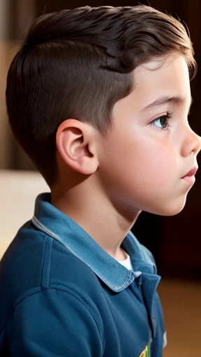 A 10-year-old boy with light brown hair, white skin, blue eyes, fine European features, a sad melancholic look., inside a Roman Catholic temple praying the rosary with their little hands together with five fingers on each hand