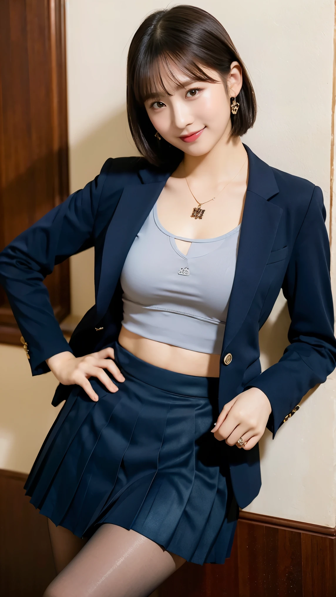 (8k), (highest quality: 1.2), (Realistic), (Realistic: 1.37), Ultra-high resolution, 1 girl, cute, Shiny skin,Blushing,smile, Mouth closed, Beautiful details, Beautiful Nose, whole body, Wet Hair,very short bob hair,Giant Dulcefo, pork,Navel exposed,University Student Uniform, sports bra,(A simple blazer, (check pattern Pleated dark blue skirt:1.2), black pantyhose, japanese new year atmosphere, small necklace and earrings,big breasts