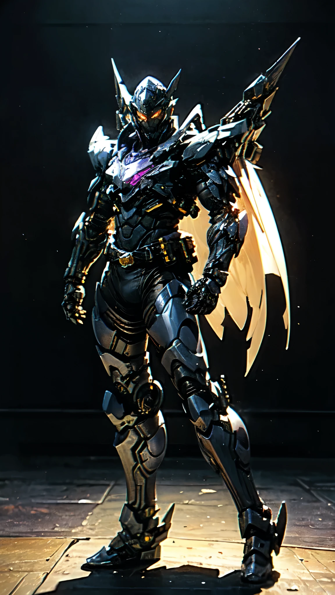 (masterpiece:1.5, best quality:1.5, extremely delicate:1.5), ((male:1.5)), a man wearing a full-face helmet, high-tech biomimetic armored combat suit, (a composite layered chest armor), the design balances heavy with agility, fully enclosed shoulder guards, matching arm and leg guards, a belt of gemstone, (the color scheme is primarily Red with Yellow and Purple accents, Organic Biotech, Concept Inspired by Vampire, glowing eyes, armor glows, huge cloak like devil wings, blood), stand of a futuristic sci-fi city, this character embodies a finely crafted fantasy-style armored hero in anime style, exquisite and mature art style, metallic, high definition, highres, ultra-detailed, ultra-fine painting, professional, perfect body proportions, golden ratio, anatomically correct, symmetrical face, extremely detailed eyes and face, high quality eyes, creativity, RAW photo, UHD, 32k, Natural light, cinematic lighting, (masterpiece-anatomy-perfect:1.2)