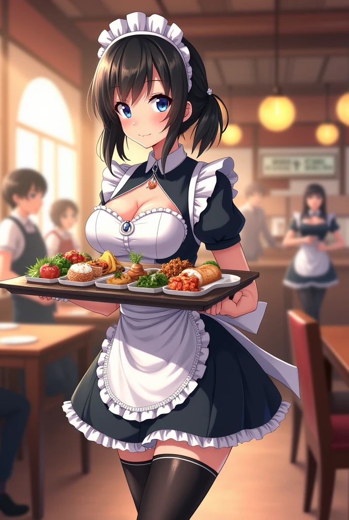 Realistic, masterpiece, Highest quality, (Detailed eyes), 1 high school girl, Huge breasts, Sweat, night, Outdoor, Bustling restaurant, Micro bikini with exposed nipples, Micro bikini with only strings, ponytail, Earrings, White apron, puffy short sleeve, Between the breasts, Small tray, Center opening, bow tie, Pelvic Curtain, (Wide Hips), A shy smile, Embarrassing, (look up), Short Maid Skirt, Maid's Headdress, (A large amount of spurting out of the nipple)
