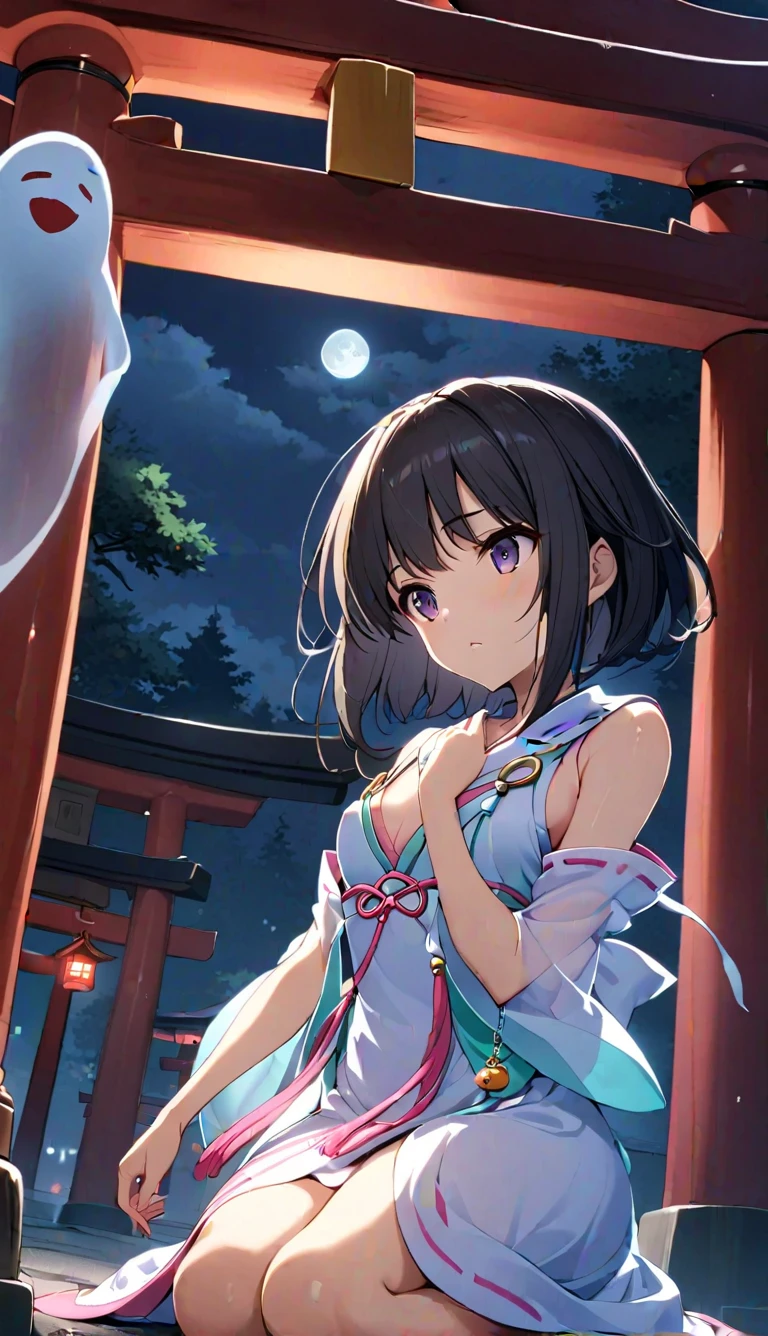  girl, shrine Maiden Clothes,  black hair ,  short bob , Late Night, torii, shrine, charm,  Darkness, Ghost Story 　((( sleeveless)))　 small breasts　 small tits