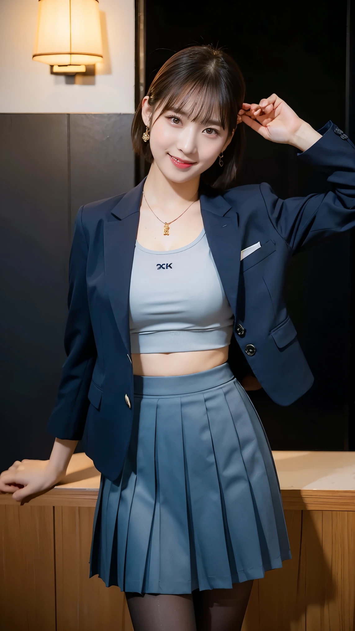 (8k), (highest quality: 1.2), (Realistic), (Realistic: 1.37), Ultra-high resolution, 1 girl, cute, Shiny skin,Blushing,smile, Mouth closed, Beautiful details, Beautiful Nose, whole body, Wet Hair,very short bob hair,Giant Dulcefo, pork,Navel exposed,University Student Uniform, sports bra,(A simple blazer, (check pattern Pleated dark blue skirt:1.2), black pantyhose, japanese new year atmosphere, small necklace and earrings,big breasts