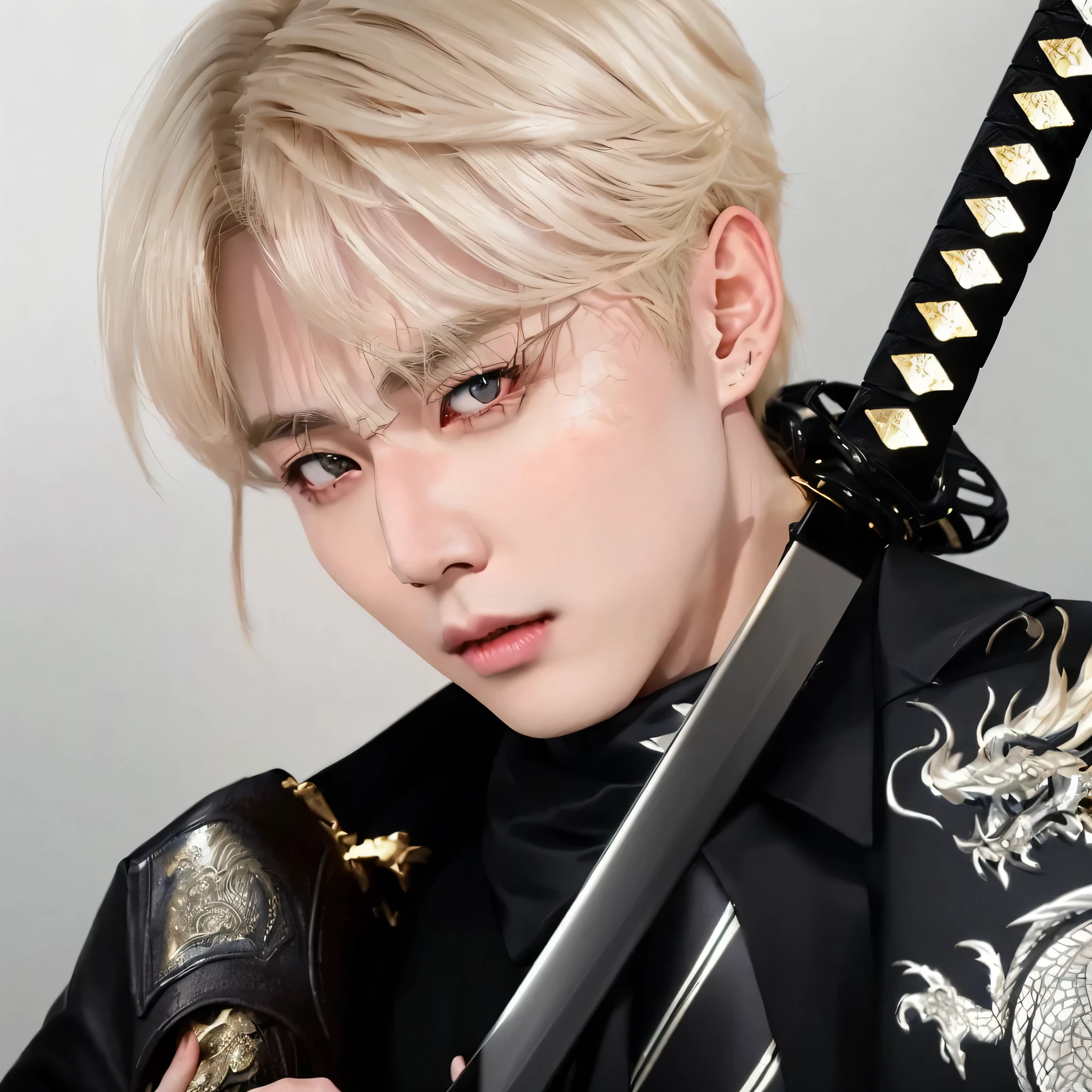 blond haired man with a katana, using a scarf and a suit with a dragon on his shoulder, cai xukun, portrait of kpop idol, inspired by Kim Taehyung, Taehyung, portrait of Taehyung bts thancred waters in style of wlop, artwork in the style of guweiz, inspired by Bian Shoumin, handsome japanese demon boy, inspired by Kun Can