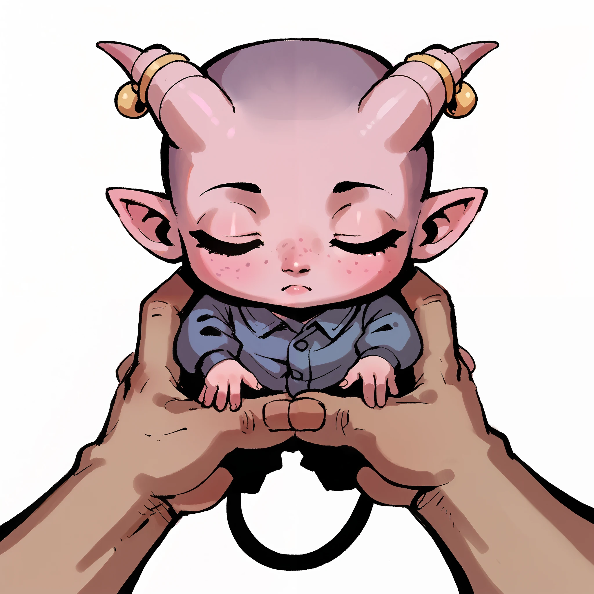 score_9, score_8_up, score_7_up, score_6_up, sw4p, a cute Tiefling newborn, extreme dynamic pov,  tiny tiefling, 1 yo, soft sleeping expression, closed eyes, freckles, sleeping in a simple white background, tiny tiefling horns, tiefling tail, baby features, bald baby, detailed little hands and feet, puririkaaa style, baby concet