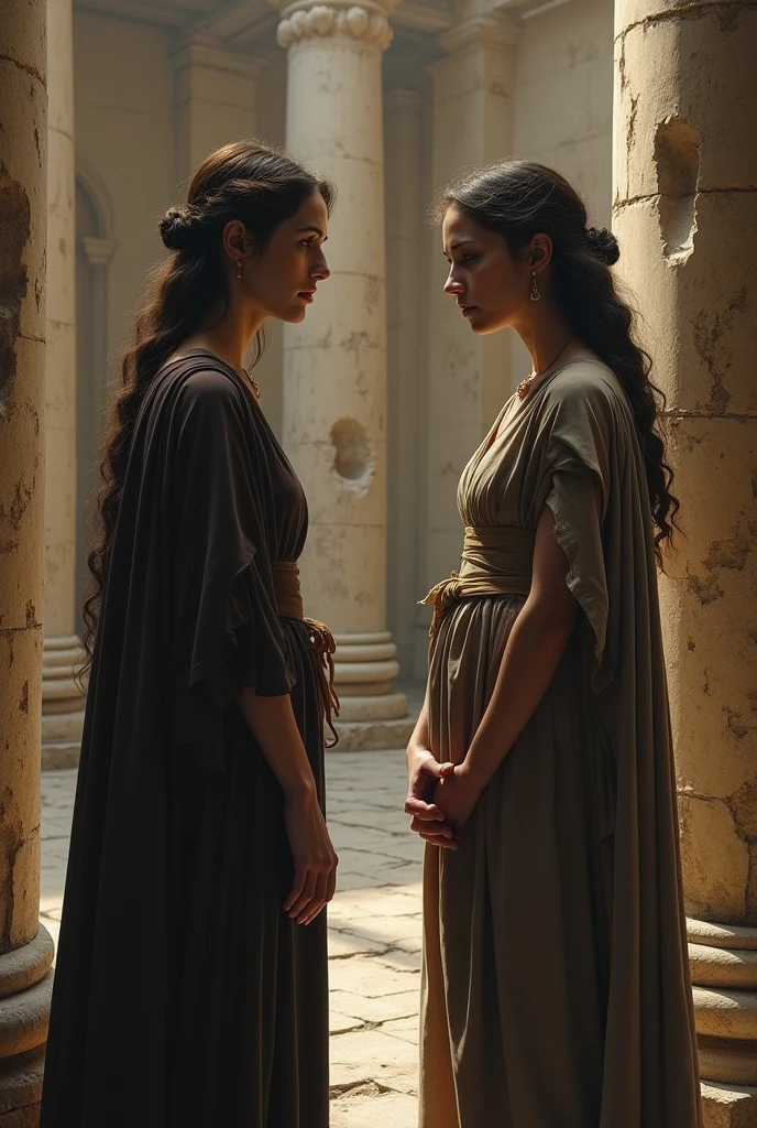 (photorealism:1.2), Two female prisoners, one Roman, one of them a slave in ancient Rome
