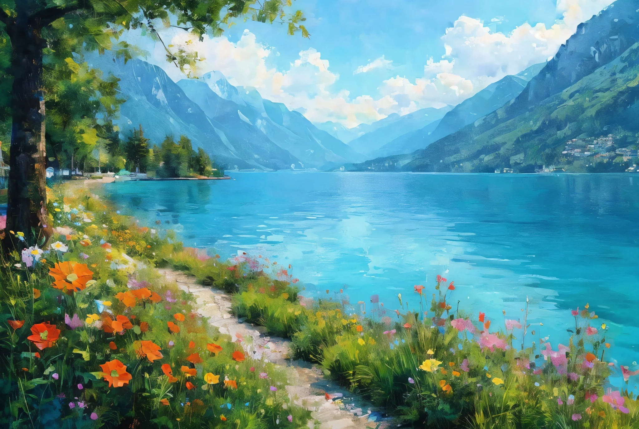 Montreux Landscape , Switzerland, with flowers and turquoise water. Realistic knife painting .