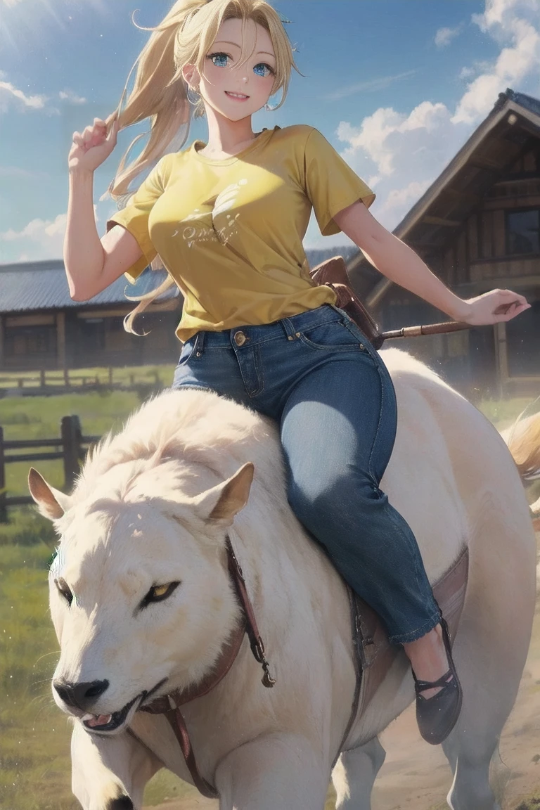 masterpiece,  top quality ,Ultra HD Explained,Full HD,16k, Super resolution , accurate human body,Correct human anatomy,relax, smile,(( Vast Prairie )),((((Riding an animal :1.8,Beautiful operation)))), A woman riding an animal:2.0, viewer,(( blonde alone, long hair_  ponytail_Blue ribbon,Blue Eyes, Beautiful White Skin )),( open your eyes, penetrates ,Sexy and attractive body _ far beyond age:1.5, Well-balanced limbs:1.6, long legs ) ((Abnormally large breasts_K-Cup_ beautifully shaped breasts )),(((Yellow T-shirt,Denim pants))),, Japanese,Colours of the 90s, bust shot:1.8,Active Angle,Front View, chest in the background:1.4.