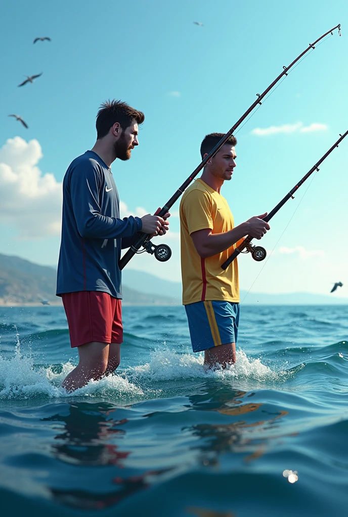Slightly built man, Breasts without clothes, in coats, fishing on the shore of the lake, he is very happy, caught a huge fish