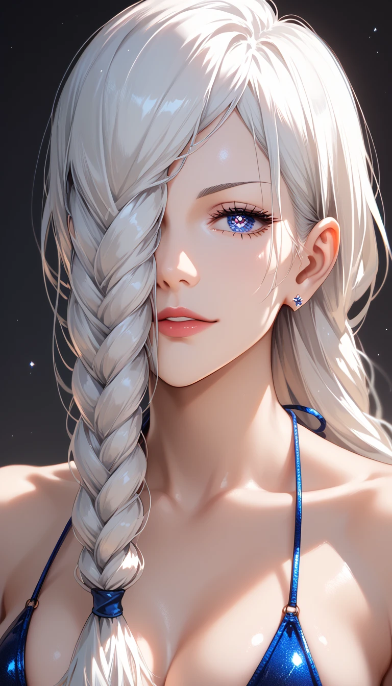 I want to be a powerful figure behind the scenes!,Epsilon,Silver blue hair,long hair,Twin tails,Aligned bangs,Beautiful purple eyes,Beautiful white skin,Photorealistic,Ultra HD,high quality,masterpiece,Digital SLR,Detailed details,Intricate details,Anatomical basis,Depicted in detail,A detailed face,Realistic skin texture,Vivid details,Perfect Anatomy,Perfect Anatomy,Anatomically correct hand,Anatomically correct fingers,Super Detail,Complex 3D rendering,Sexy pose,tail,Wet,Beautiful night sky,A beach with a beautiful starry sky,Fantasy worldview,Picturesque,Pink Lips,smile,