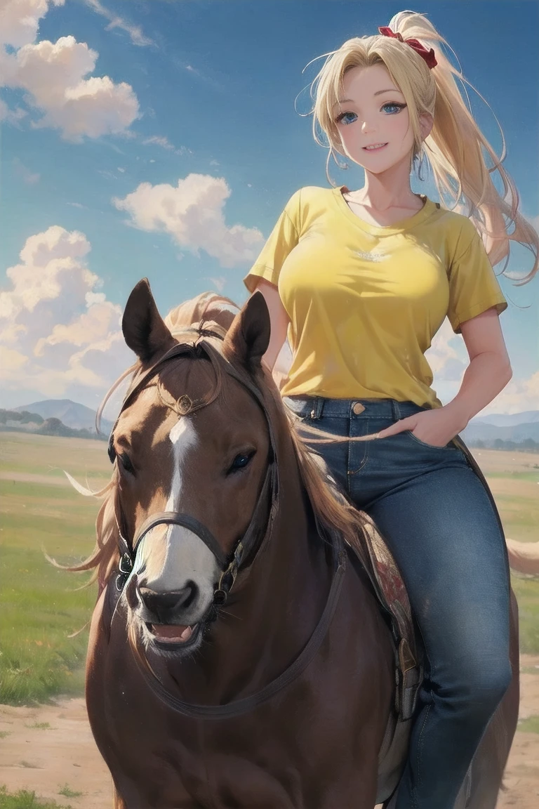 masterpiece,  top quality ,Ultra HD Explained,Full HD,16k, Super resolution , accurate human body,Correct human anatomy,relax, smile,(( Vast Prairie )),((((Riding an animal :1.8,Beautiful operation)))), A woman riding an animal:2.0, viewer,(( blonde alone, long hair_  ponytail_Blue ribbon,Blue Eyes, Beautiful White Skin )),( open your eyes, penetrates ,Sexy and attractive body _ far beyond age:1.5, Well-balanced limbs:1.6, long legs ) ((Abnormally large breasts_K-Cup_ beautifully shaped breasts )),(((Yellow T-shirt,Denim pants))),, Japanese,Colours of the 90s, bust shot:1.8,Active Angle,Front View, chest in the background:1.4.