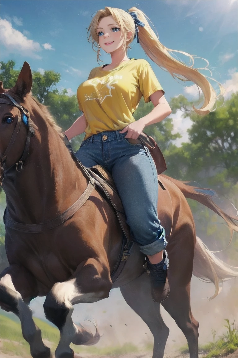 masterpiece,  top quality ,Ultra HD Explained,Full HD,16k, Super resolution , accurate human body,Correct human anatomy,relax, smile,(( Vast Prairie )),((((Riding an animal :1.8,Beautiful operation)))), A woman riding an animal:2.0, viewer,(( blonde alone, long hair_  ponytail_Blue ribbon,Blue Eyes, Beautiful White Skin )),( open your eyes, penetrates ,Sexy and attractive body _ far beyond age:1.5, Well-balanced limbs:1.6, long legs ) ((Abnormally large breasts_K-Cup_ beautifully shaped breasts )),(((Yellow T-shirt,Denim pants))),, Japanese,Colours of the 90s, bust shot:1.8,Active Angle,Front View, chest in the background:1.4.