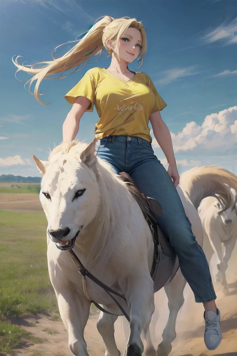 masterpiece,  top quality ,Ultra HD Explained,Full HD,16k, Super resolution , accurate human body,Correct human anatomy,relax, smile,(( Vast Prairie )),((((Riding an animal :1.8,Beautiful operation)))), A woman riding an animal:2.0, viewer,(( blonde alone, long hair_  ponytail_Blue ribbon,Blue Eyes, Beautiful White Skin )),( open your eyes, penetrates ,Sexy and attractive body _ far beyond age:1.5, Well-balanced limbs:1.6, long legs ) ((Abnormally large breasts_K-Cup_ beautifully shaped breasts )),(((Yellow T-shirt,Denim pants))),, Japanese,Colours of the 90s, bust shot:1.8,Active Angle,Front View, chest in the background:1.4.