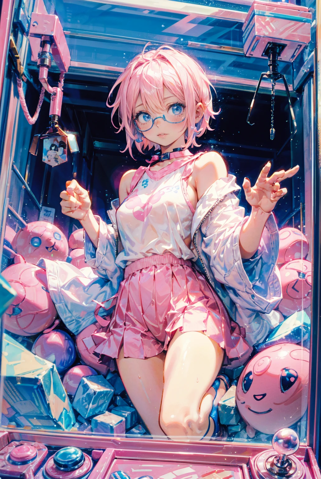 1girl,solo,cute,(((pink short hair,blue eyes))),claw machine,